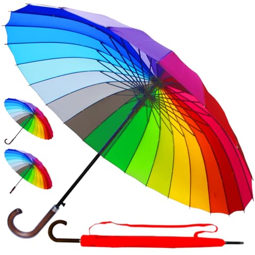 95KPH Regenschirm Sturmfest XL - 24 Rippen SEHR STARK - Stockschirm Groß Herren Damen Windfest - Golfschirm Windproof Fiberglasrippen - Holzgriff - Automatik Regenbogen Mehrfarbig Bunt 95KPH Regenschirm Sturmfest XL - 24 Rippen SEHR STARK - Stockschirm Groß Herren Damen Windfest - Golfschirm Windproof Fiberglasrippen - Holzgriff - Automatik Regenbogen Mehrfarbig Bunt