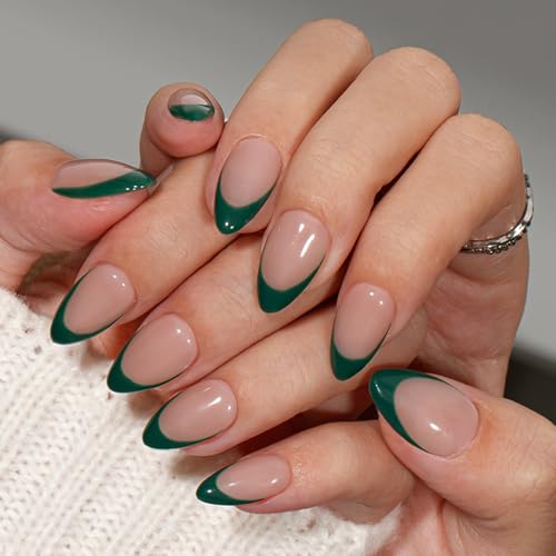 KQueenest Dark Green French Tip Press On Nails Short Almond, 30 Pcs Acrylic Press On Nails With Glue, Glossy Soft Gel Short Fake Nails Press ons, Natural Nude Glue on Nails for Women Fall Winter