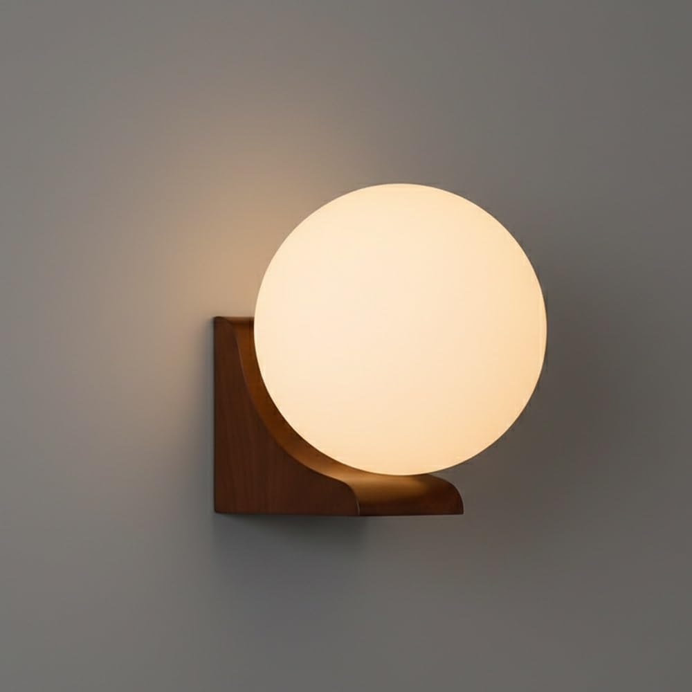 NHPJFDC Modern Round Glass Globe Wall Sconce, Wall Light Fixture, Minimalist Mid-Century Milk Glass Ball Sconce, Nordic Indoor Wall Lamp for Bedroom Bedside, Hallway, Living Room(Walnut)