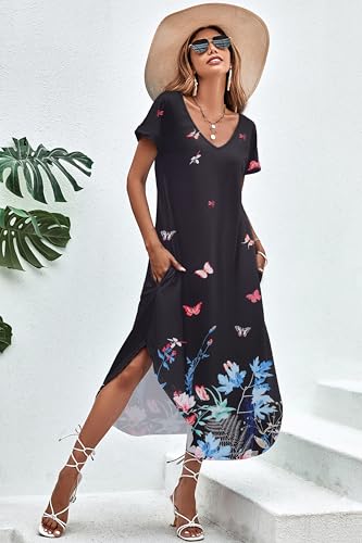 Image of Ekouaer Long Nightgowns for Women Short Sleeve House Dress with Pockets V Neck Sleepshirts Side Split Sleepwear S-4XL