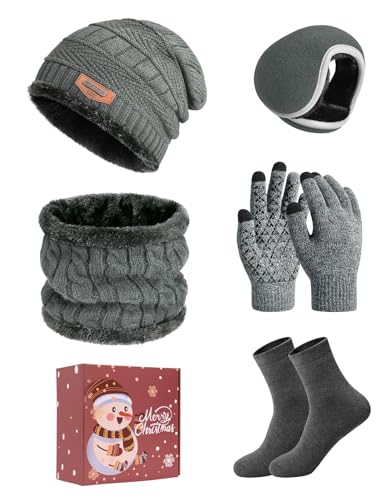 heekpek Set de Bufanda Gorro Guantes Orejeras y Calcetines Hombre de Punto Invierno Suave Térmico Conjunto de 5 Piezas para Hombre, Gris