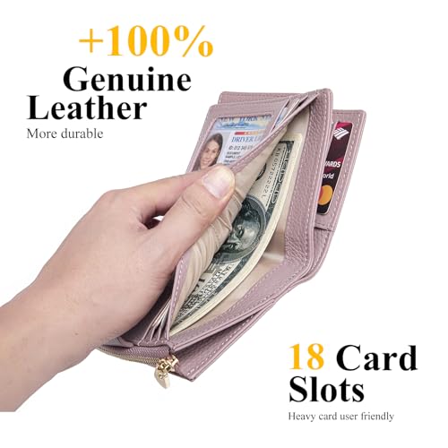 Genuine Leather Wallets for Women RFID Blocking Bifold with Zipper Pocket, 2 ID Windows, 18 Card Slots, Purple3