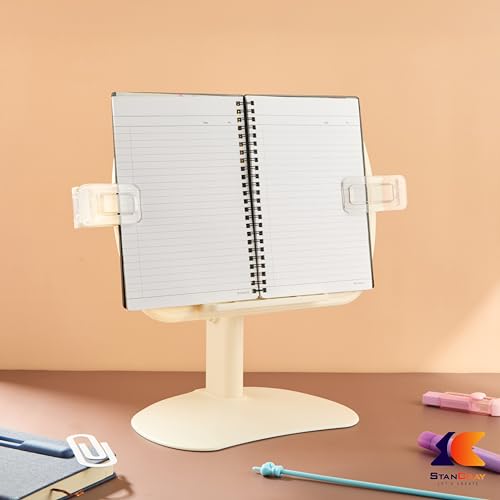 Image of 1 Compartment Portable Adjustable Tablet Holder with Folding Hands Rotatable Book Stand Holder for Reading - Ideal for Cookbooks, Sheet Music, and More - Textbook Holder Organizer (Yellow)