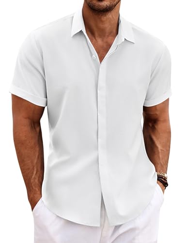 COOFANDY Herren Leinenhemd Kurzarm Sommer Casual Leinen Hemden Button down Kurzarmhemd A-WeißXL