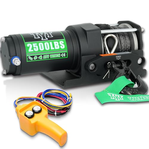2500 lb ATV Electric Winch, 12V DC, Heavy Duty Synthetic Winch Rope 1/5" x 32FT, Wired Remote Control, Includes Fairlead, Winch Mounting Plate, Ideal for Off-Road, ATV, UTV, Boat Towing Off Road