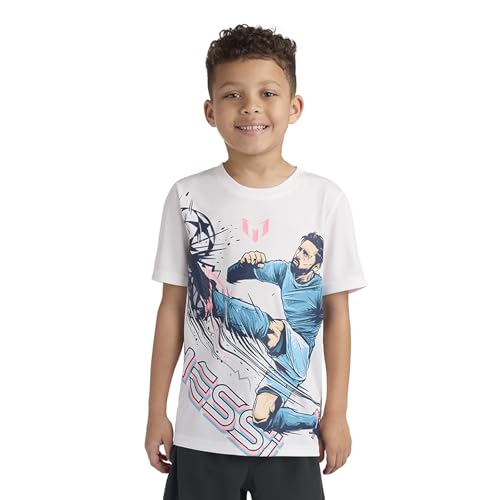 Messi Boys' Lifestyle Short Sleeve Top, Loose-Fit Shirt with Logo, Comfortable, Bright White, M (10/12)
