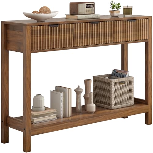 Fluted Console Table, Wooden Sofa Table with Storage and Drawers,...