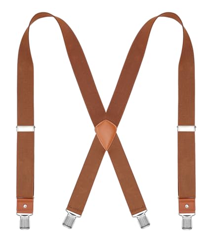 CEAJOO Mens Suspenders Heavy Duty 1.4 Inch X-Back Adjustable Elastic Braces with Strong Clips and Straps Brown 43