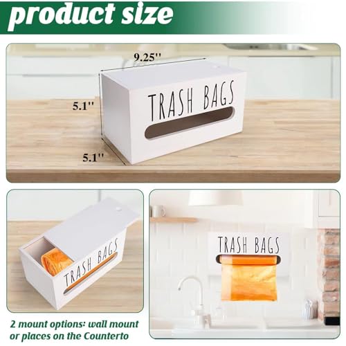 Image of Trash Bag Dispenser, Wall Mount Trash Bags Holder Dispenser with Lid Wooden Kitchen Trash Bag Roll Organizer Plastic Garbage Bag Storage for Cabinet. (White)