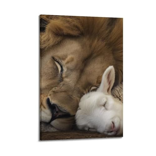 Poster lion et agneau endormis QXYUIN 30x45cm avec cadre