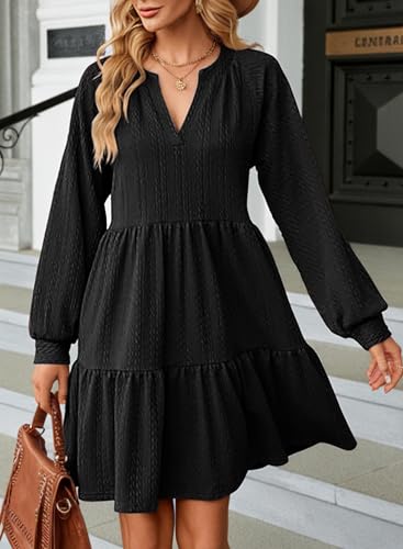Dokotoo Womens Fall Dresses For Women 2024 Long Sleeve V Neck Textured Casual Elegant Tiered Ruffle A-Line Swing Mini Babydoll Dress Solid Color Wedding Guest Party Short Cute Dresses Black Large thumb #3