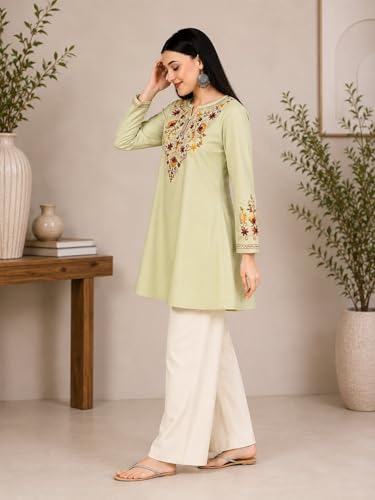 Image of QAZMI Women's Jasmine Kashimiri Aari Embroidered Viscose Rayon A-Line Flared Short Kurti