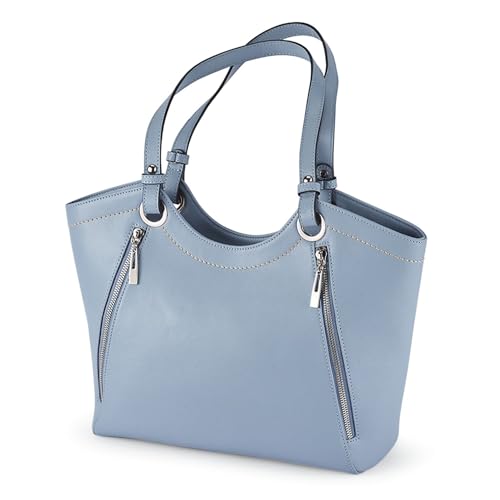 Genuine Leather Zip-Accent Purse, Light Blue Shoulder Bag for Women, Top Zip Closure, Ladies Handbag with Multiple Pockets