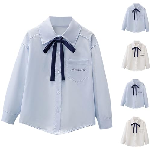 Girls Bowknot Neck Button Down Shirt Elegant Long Sleeve Lapel Collar Blouse School Uniform Tops for 4-15 Years2