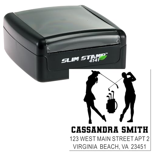 Image of Golf Swing Silhouettes Slim Pre Inked Address Stamp Custom Made - for Tags | Portable Address Stamper. Choice of 5 ink colors. Golf Address Stamp. Laser-cut lettering. One household per die.
