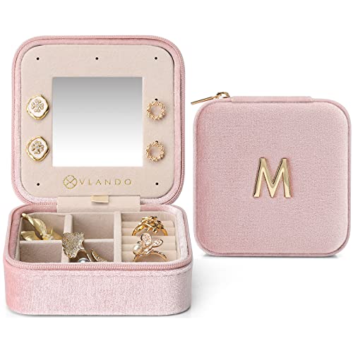 Vlando Velours Boîte à Bijoux de Voyage avec Miroir et Accessoires Métalliques M, Mini Organisateur de bijoux pour bagues, Boucles, d'oreilles, Colliers (Rosa) Cover