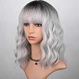HAIRUP Silver Gray Wavy Wig with Bangs for Women,Ombre Grey Wigs Shoulder Length Bob Curly Wig Natural Looking Silver White with Dark Roots Synthetic Hair for Daily Party Use