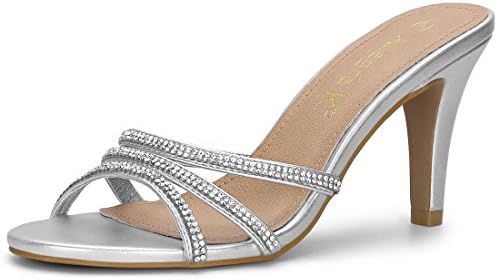 Allegra K Women's Open Toe Rhinestone Strappy Stiletto Heels Sandals Silver Slip On Mules - 8 M US