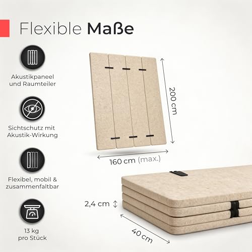 Aeco Sound® Paravent Acoustique Pliable – 2 m de Hauteur x 1,60 m de Longueur | Feutre Acoustique Beige 200x160cm – paravent à 4 Panneaux Pliable pour Isolation phonique et séparation visuelle – vue 3