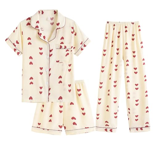 Image of Hupohoi Big Girls Button Down Pajama Set 3pcs Short Sleeve Long Pants with Shorts Crepe Wrinkled Fabric Sleepwear Nighty