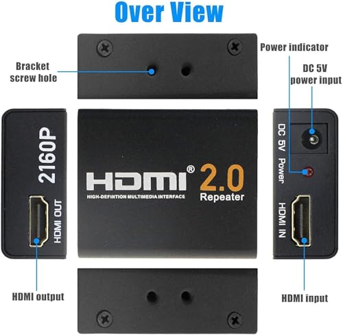 HDMI 2.0 Signal Repeater, KSRplayer 4K 2160P 3D Extender Booster Adapter, 18Gbps, HDCP 2.2 Compatible, 200ft Range
