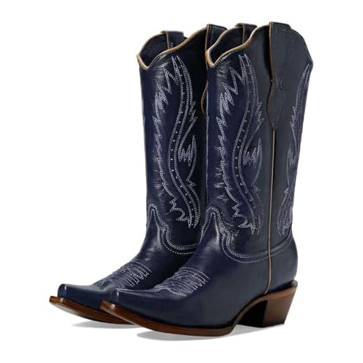 Fravonkass Botas femininas vintage bordadas, salto bloco de rebite, cowgirl, cano médio, botas ocidentais, modernas, cravejadas, bico quadrado, salto grosso, cowboy, cano alto, para mulheres, Azul