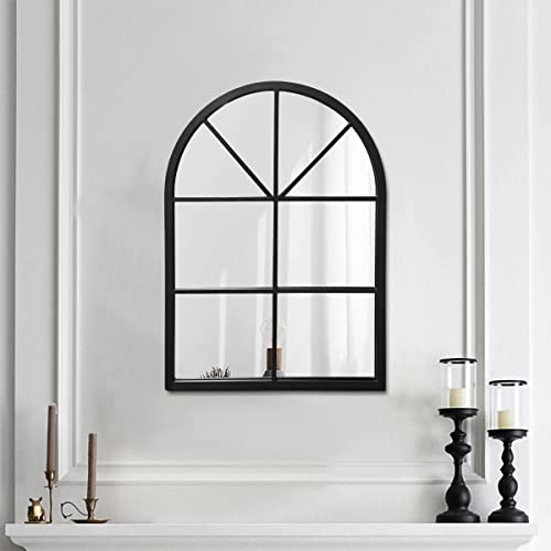 Tinytimes 20" X 28" Arched Wall Mirror, Windowpane Mirror, Vanity Mirror, Metal Framed, Arched-Top, Farmhouse Mirror, Rustic Decorative Mirror - Black #TOP20