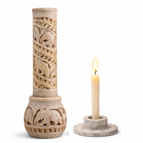 Image of Elephant Carving Agarbatti Stand, 3 x 3 x 10.5 Inches | Soapstone Hand-Carved, Bottle Shape Incense Burner Holder, Ash Catcher for Incense Sticks, Spiritual Decor for Puja Room