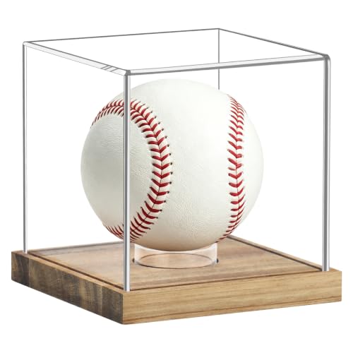 Image of Hooqict Baseball Display Case Clear Acrylic Baseball Holder Display Case UV Protected Cube with Wood Base Stand Championship Sports Collections Box for Game Balls