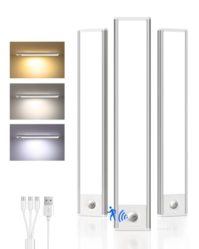 Image of Under Cabinet Lighting Wireless, Rechargeable Battery Motion Sensor Light Indoor, LED Closet Lights USB Charging, 3 Color Dimmable Under Cabinet Lights for Kitchen, Cabinet, Wardrobe (3 Pcs) 12in