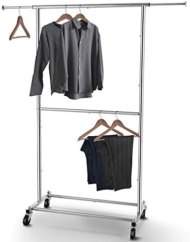 Simple Trending Double Rod Clothing Garment Rack, Rolling Clothes Organizer on Wheels for Hanging Clothes, Chrome