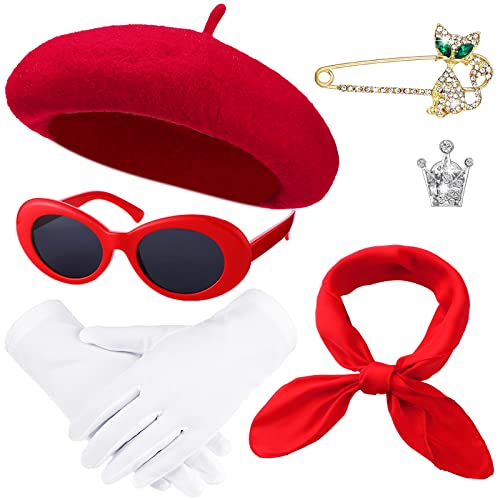 Image of Zhanmai 6 Pcs French Red Beret Hat Set Women Girls Paris Outfits Accessories Retro Chiffon Scarf Oval Sunglasses Gloves Alloy Brooch for Halloween Costume Accessories