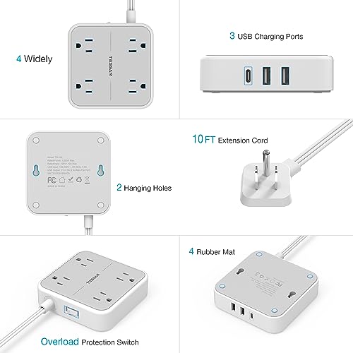 Tessan Flat Extension Cord 10 Ft, Tessan Ultra Thin Power Strip Under Carpet With 3 Usb Wall Charger thumb #5