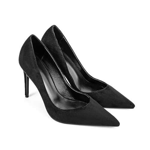 Autumn Black Suede Shoes high Heels Pointed Toe Pink Burgundy Leather Pumps Slip on Stiletto Heels Sheepskin Lining Party Prom Evening Dance Shoes for Women 3.9 Inches4