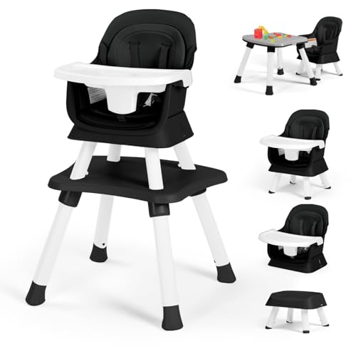 Image of Kinder King 8 in 1 Baby High Chair, Coverts to Dining Booster Seat/Kids Table & Chair Set/Toddler Building Block Table/Kids Stool, Removable Tray & Double Seat Cover, Easy to Wipe, Black & White
