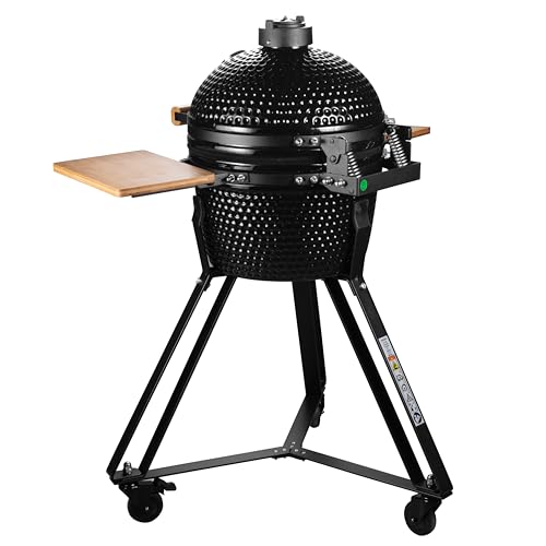 16" Ceramic Kamado Charcoal BBQ Egg With Stand, Collapsible Wooden Shelves, Thermometer Built-in (Black) - Image 8