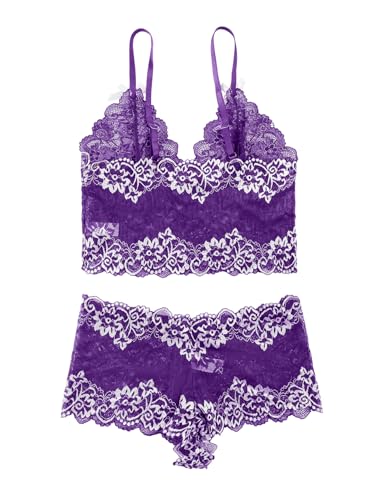 Image of Lilosy Sexy Lingerie for Women Lace Pajamas Set Cami Bra and Panty High Waist Sheer Sleepwear 2 Piece 2XS-6XL