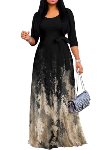Image of Women's V Neck Floral Maxi Dress 3 /4 Sleeve Plus Size Boho Wrap Flowy Long Dresses with Belt