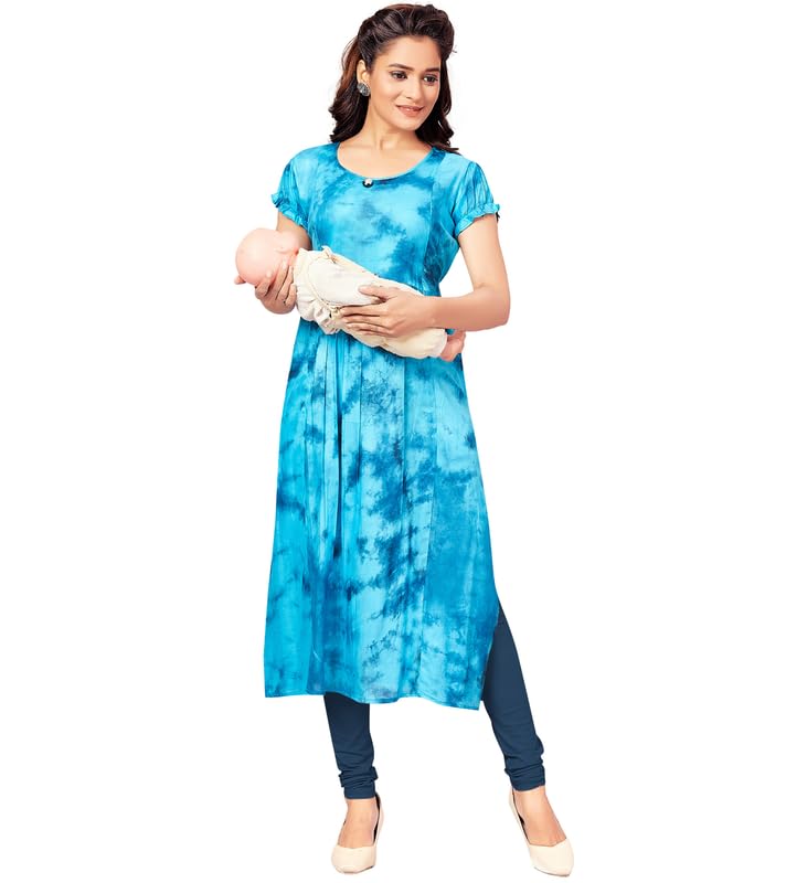 Image of RITIJYA Maternitywear Rayon Tiedie Straight Feeding Kurtis for Women with Zip | Maternity Dress for Nursing & Pregnancy (9206 46,Bright Blue)