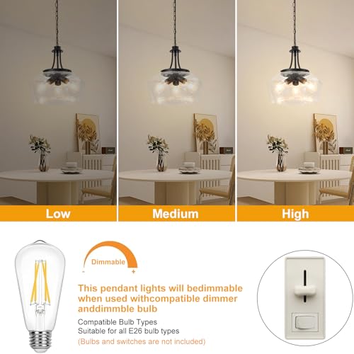 Image of Modern Pendant Lights Kitchen Island, 3-Light Black Pendant Light Fixtures with 14.2 inch Clear Air Bubble Glass Shade, Industrial Hanging Pendant Lights Fixture for Kitchen Island, Dining Room, Entryway
