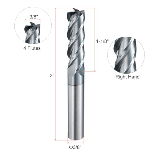 Image of HARFINGTON Carbide Square Nose End Mill Bit 3 /8 inch Cut Dia 4 Flutes TiAlN Coated Milling Cutter for Hardened Steel Metal (3 /8 inch Shank 1-1 /8 inch Cut Length 3 inch Long 30 Degree Helix HRC53-55)