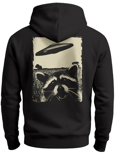 Neverless Hoodie Backprint Herren UFO Waschbärr Alien Print Rückenaufdruck Kapuzen-Pullover Männer Fashion Streetstyle Schwarz L