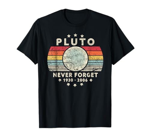 Weltraumwissenschaft und Astronautenbekleidung Never Forget Pluto Retro-Stil Vintage Lustige Wissenschaft T-Shirt für Erwachsene Männer und Frauen, Schwarz, S