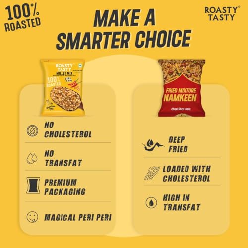 Image of Roasty Tasty Millet Mix Peri Peri | Roasted Namkeen Bajra, Wheat Flakes, Moong, Masoor, Peanuts | Millet Munch Chatpata Gluten Free Snack 200g Each | Healthy Snacks Combo