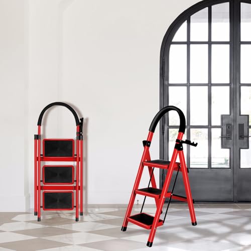Escabeau Pliable, Escabeau 5 Marches avec Plateforme de Travail, Larges Marche Pied Pliable Antidérapantes, Tabouret en Acier Marche Pied Adulte,Charge 180...
