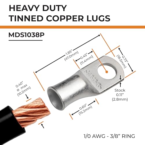 image for SELTERM 10pcs 1/0 AWG-3/8 Stud Tinned Copper Wire Lugs, Heavy Duty Bat