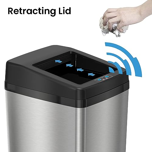 Image of iTouchless 14 Gallon Slide Open Lid Kitchen Trash Can with, Motion Sensor Stainless Steel Rectangular Trashcan for Home Office Work Bedroom Living Room Garage Large Capacity Slim Wastebasket, Silver