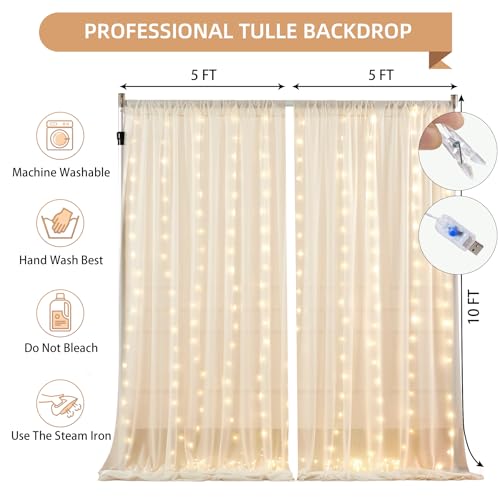 Cortinas Fondo Foto 10x10FT Crema Sin Arrugas con Luces miniatura 6