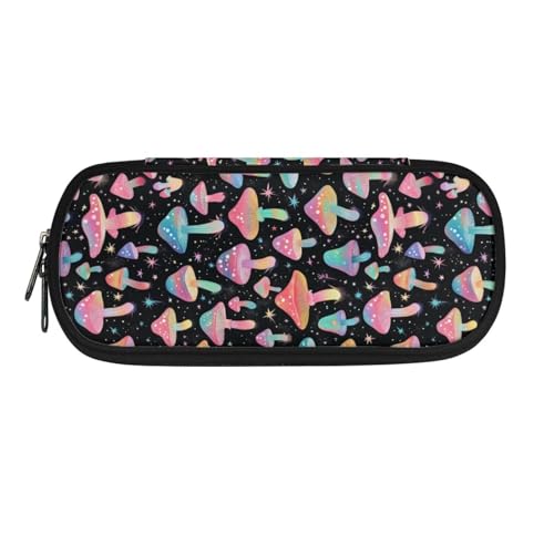 Image of Rainbow Mushroom Print Pencil Pouch Pen Bag, Pencil Case Stationery Pouch School Daily Storage Bag for Kids Girls Boys Teenagers, Black