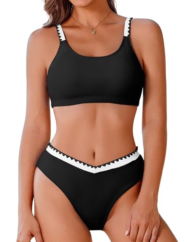 AI'MAGE Women's High Cut Bikini Set 2 Piece Sporty Swimsuit Color Block Bathing Suit with Trim